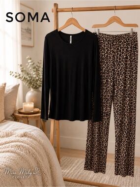 Soma Cool Nights Black & Leopard Pajama Set Large